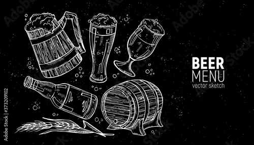 Hand drawn collection of beer and beer ingredients