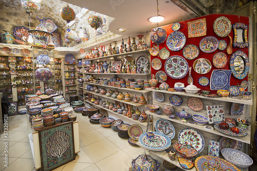 Closeup shot of colorful ceramic plates in a market