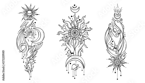 Set of compositions of hands, sun and moon in indian boho style