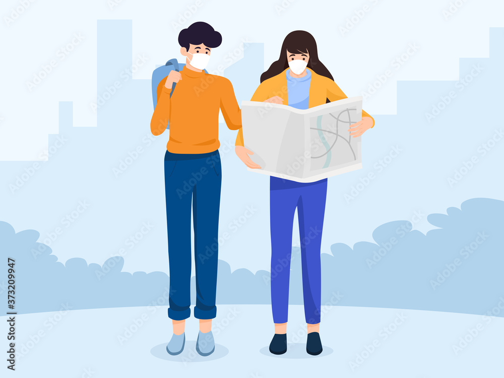 Safe travels under Covid-19, men pointing map, women holding map , wearing medical mask, use public transport, keep distance for 2 centimeters, vector illustration