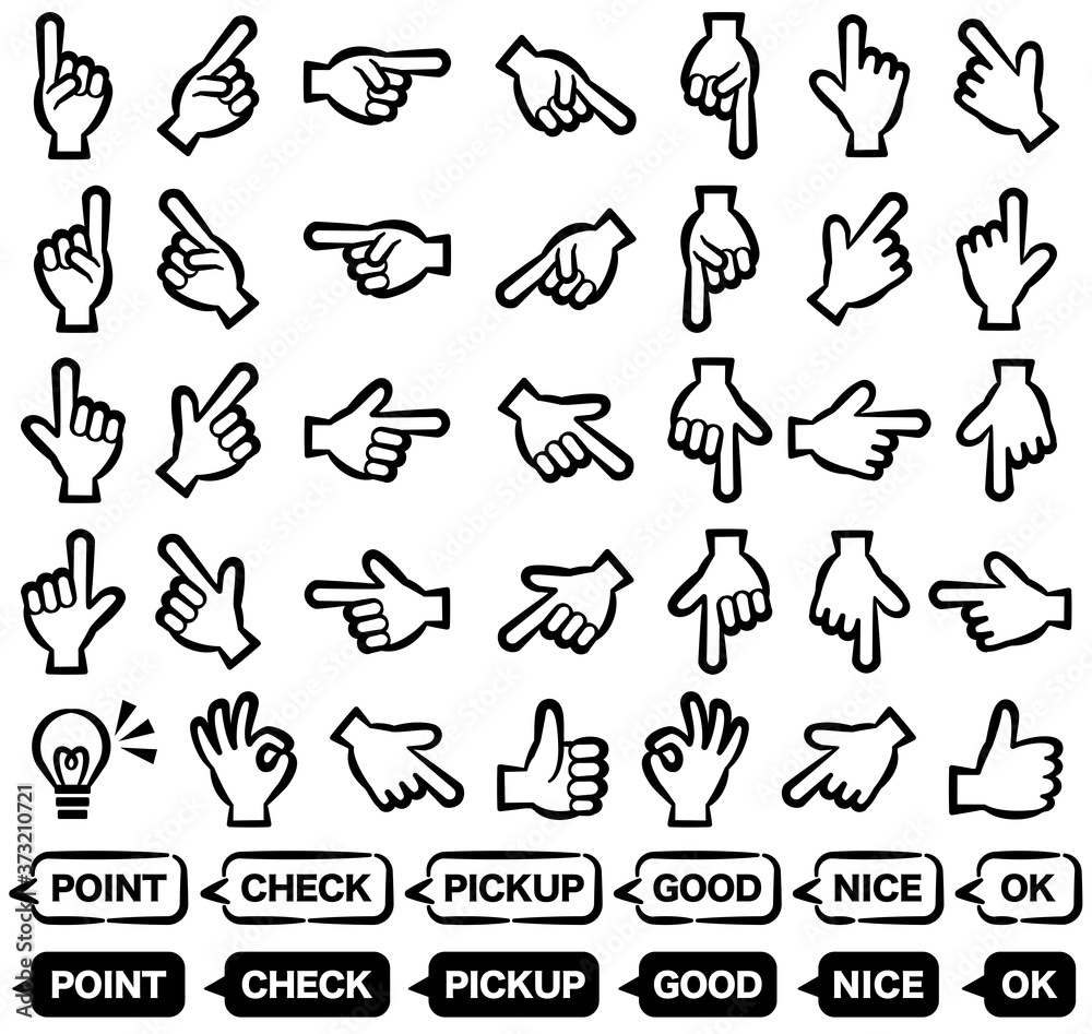 漫画風の指の矢印サイン・アイコン　モノクロ｜Monochrome cartoon style finger arrow sign icon
