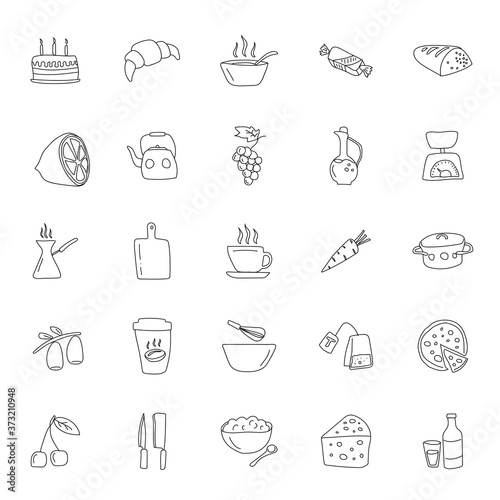 food and kitchen hand drawn linear doodles isolated on white background. food and kitchen icon set for web and ui design, mobile apps and print products