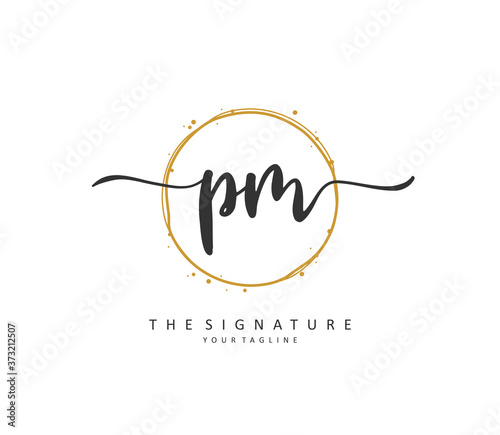 P M PM Initial letter handwriting and signature logo. A concept handwriting initial logo with template element.