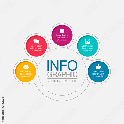 Vector infographic template, circle with 5 steps or options. Data presentation, business concept design for web, brochure, diagram.