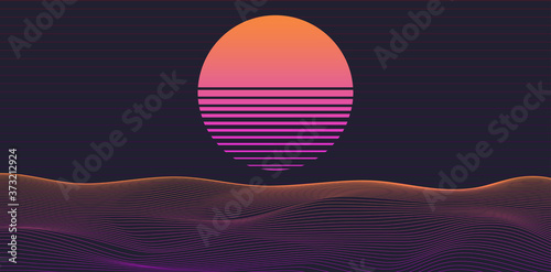 Synthwave background with retro sun and 3d grid landscape. Vector illustration.