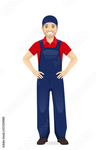 Full length handsame man in blue overalls standing isolated vector illustration