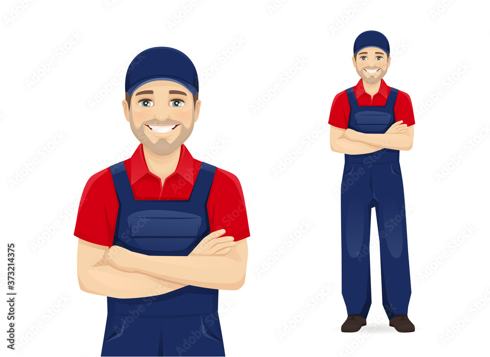 Full length handsame man in blue overalls standing with arms crossed isolated vector illustration