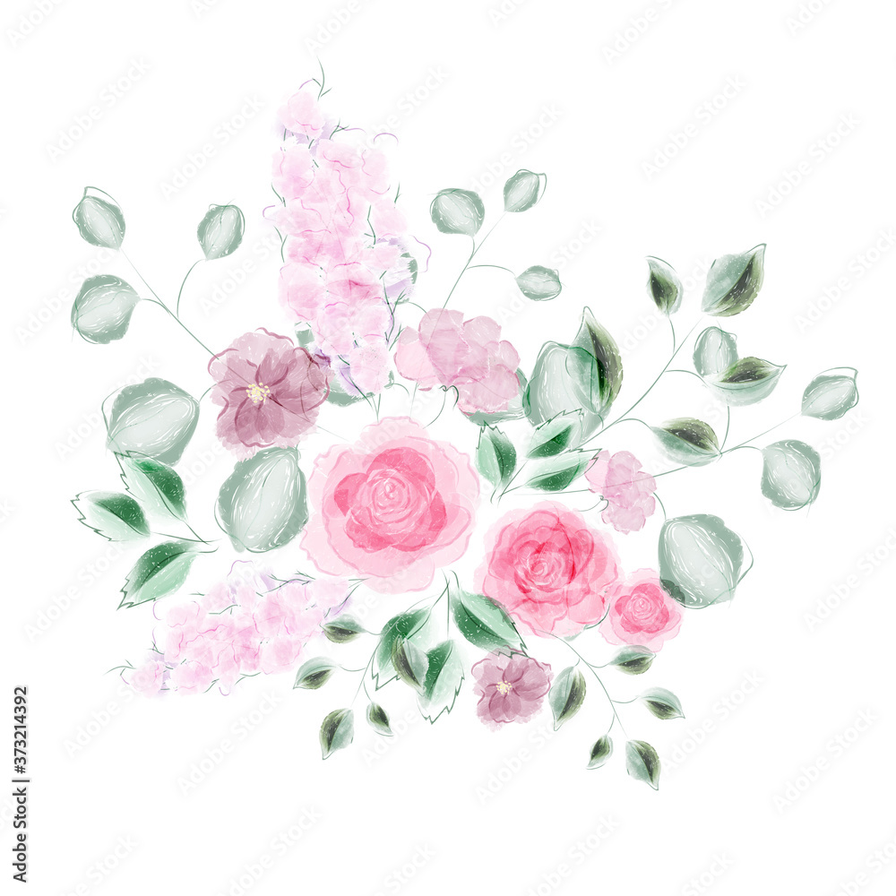 Digital watercolor flowers. Hand-drawn bouquet of roses, lilacs and other flowers and leaves. For a gift card, your creative design, poster, invitation and more. On a white background.