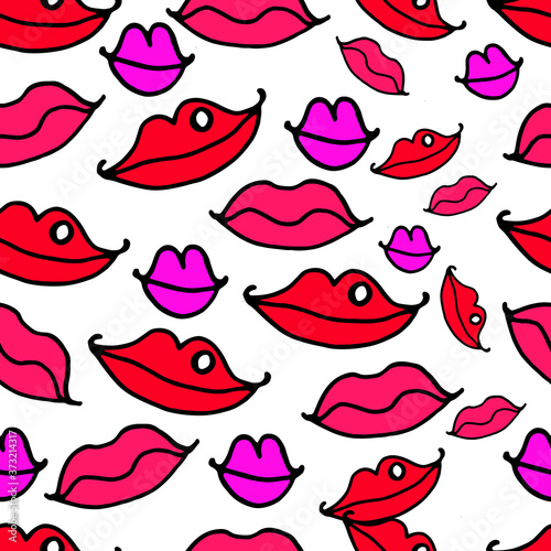  Seamless patern with scarlet and pink lips. Design for packaging, wallpaper, fabric, textile, backdrop.