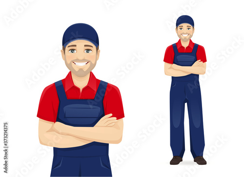Full length handsame man in blue overalls standing with arms crossed isolated vector illustration