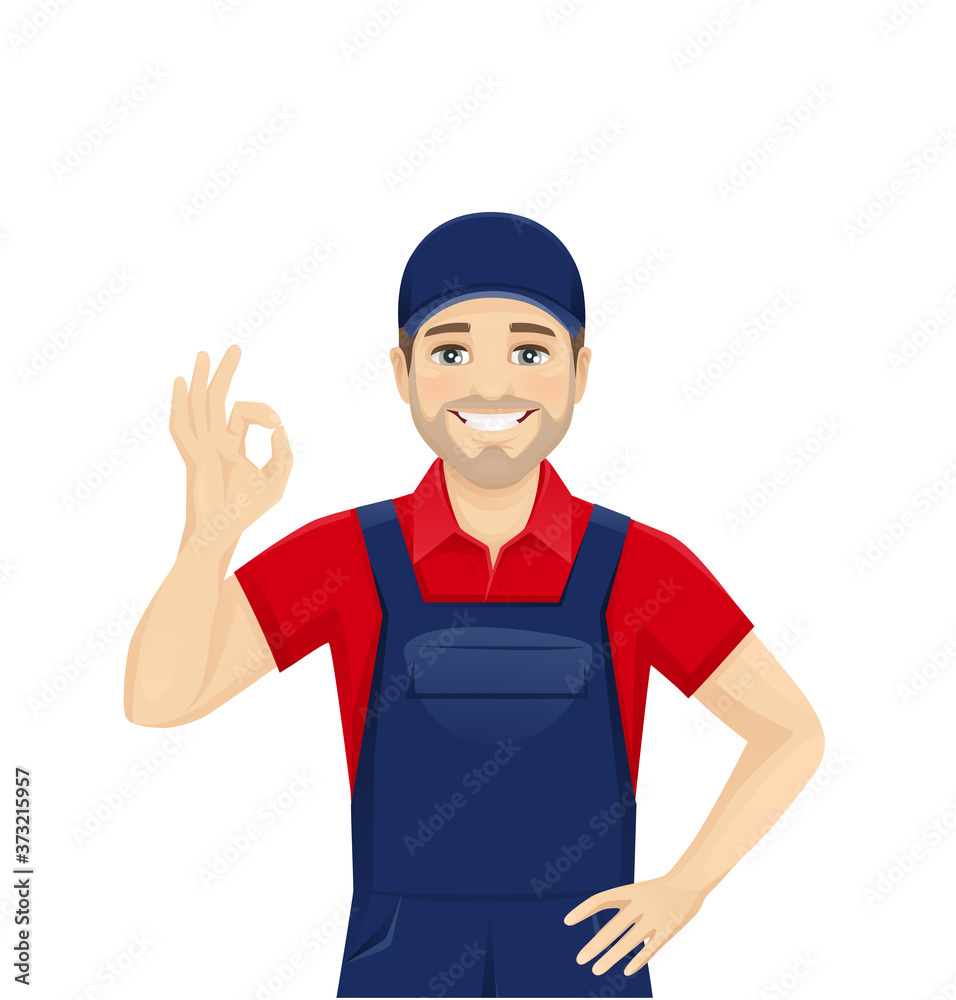 Handsame man in blue overalls gesturing ok sign isolated vector illustration Handsame man in blue overalls gesturing ok sign isolated vector illustration