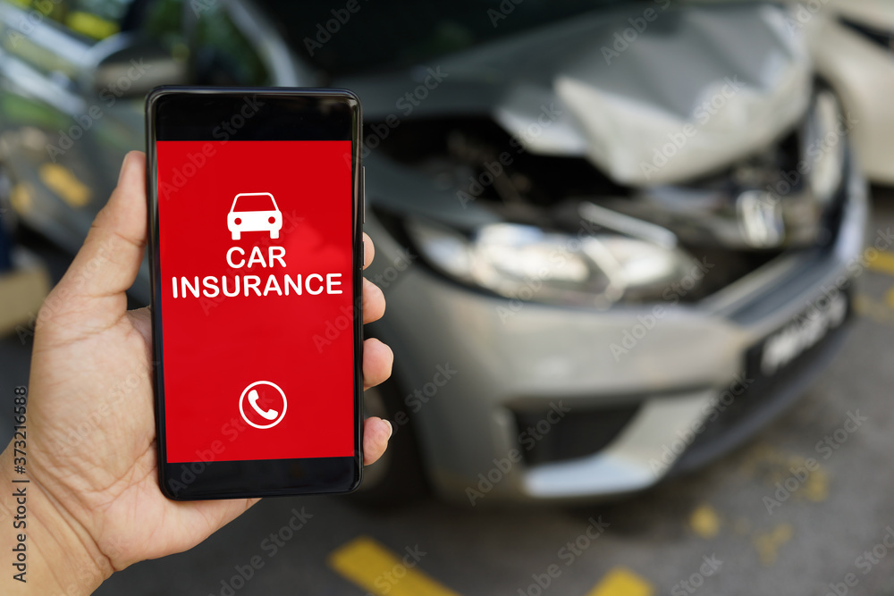 Obraz premium Car insurance claim, using cellphone for car service, car accident scene