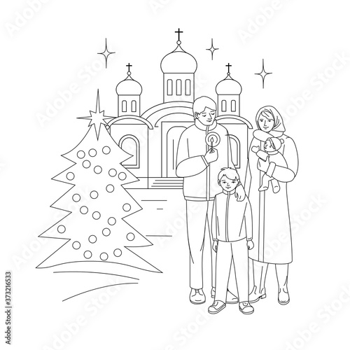 Christmas. Family with children in front of the Orthodox Temple. Winter, decorated tree. Vector illustration. Outline. Coloring book page.