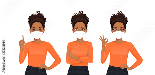 Sad african beautiful woman wearing protective mask as protection against transmissible infectious diseases and air pollution. Isolated vector illustration