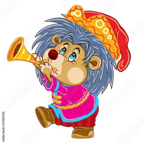 hedgehog in a suit plays the pipe, actor, buffoon, isolated object on a white background, vector illustration,
