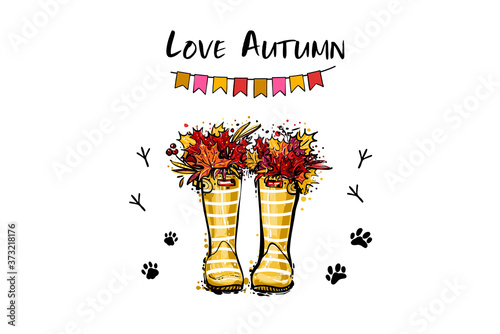 Yellow striped wellies. Rubber boots with autumn leaves, flag garland, footprint bird, dog, cat. Vector illustration in watercolor style. Decoration seasonal celebration. Hello autumn greeting card.