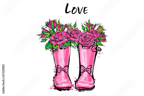 Pink bow princess wellies. Rubber boots with autumn pink roses flowers, love sign. Vector illustration in watercolor style for little baby girl. Decoration seasonal celebration greeting card.