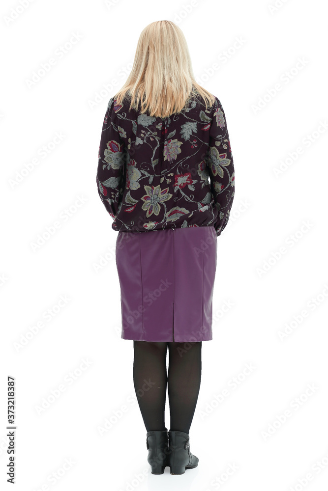 old woman in full growth stands with her back on a white backgro old woman in full growth stands with her back on a white backgro