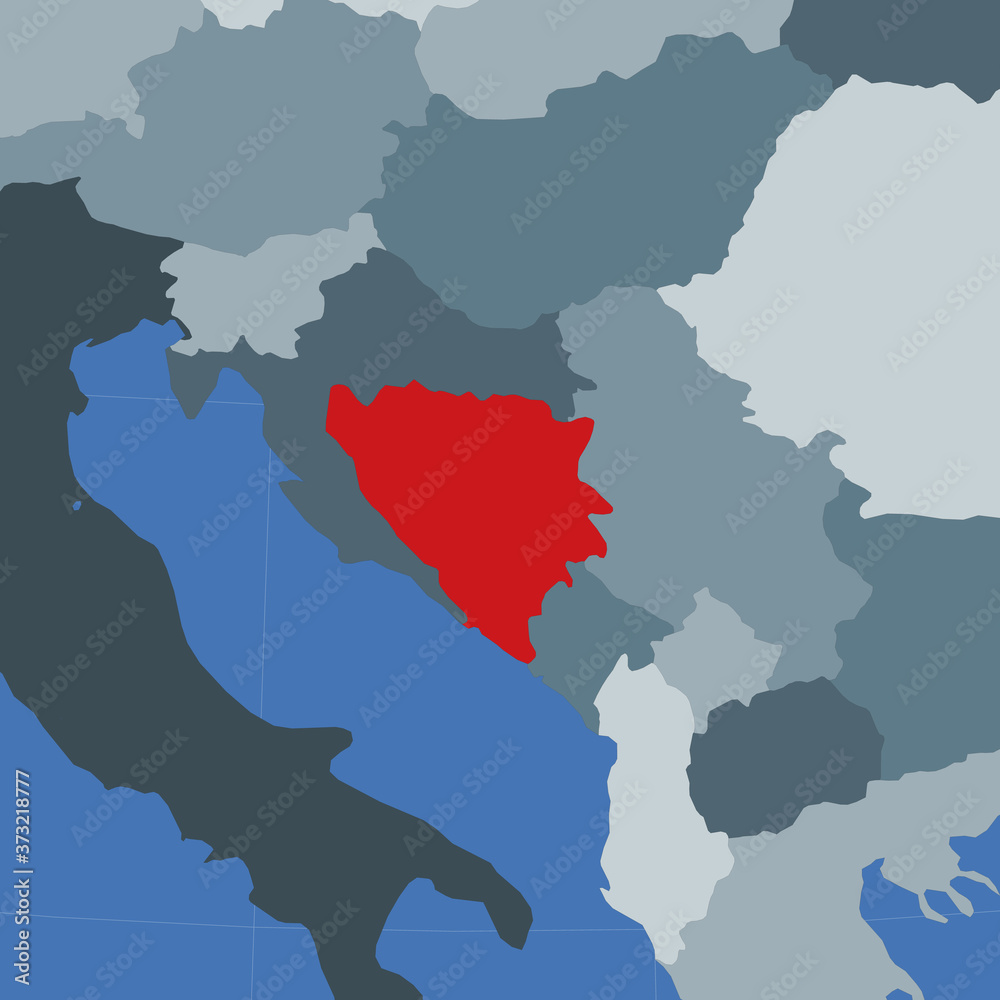 Shape of the Bosnia in context of neighbour countries. Country highlighted with red color on world map. Bosnia map template. Vector illustration.