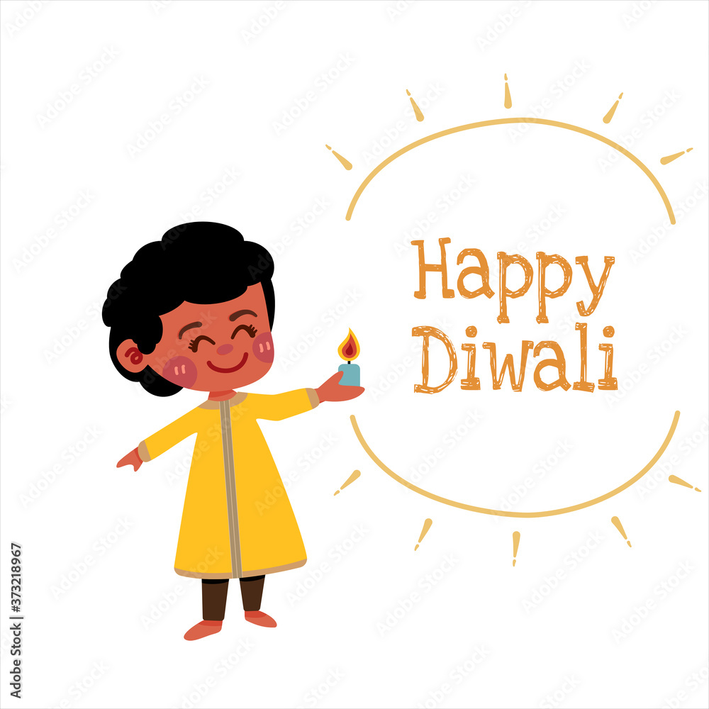 Vector illustration of Cute boy holding oil lamps on white background. Happy  Diwali , Hindu festival of lights. Stock Vector | Adobe Stock