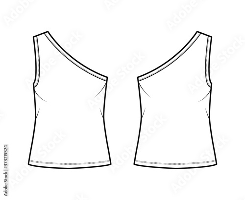 One-shoulder stretch-jersey tank technical fashion illustration with oversized body, elongated hem. Flat outwear cami apparel template front, back, white color. Women, men unisex shirt top CAD mockup