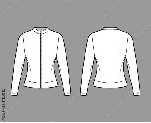 Zip-up cotton-jersey sweatshirt technical fashion illustration with fitted body, crew neckline, long sleeves. Flat jumper apparel outwear template front, back white color. Women, men, unisex top CAD