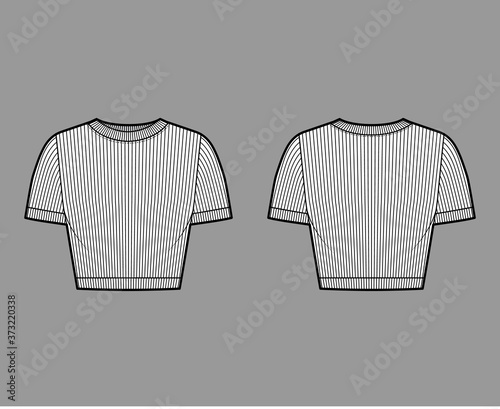 Ribbed cropped cotton-jersey t-shirt technical fashion illustration with scoop neck, short sleeves, close fit. Flat outwear sweater apparel template front back white color. Women men unisex knit top