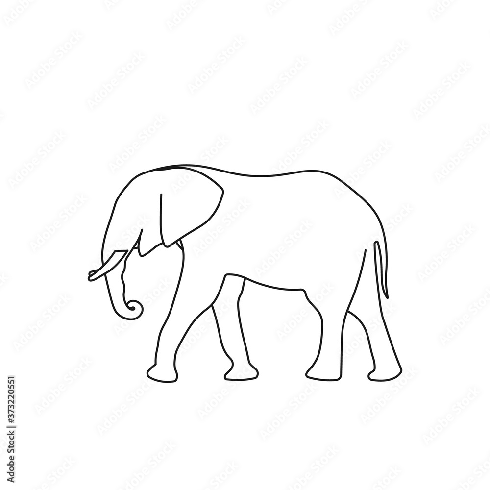 Big elephant walking line art. Side view. Wildlife animal. Africa and Asia. Huge creature. Safari icon sign or symbol. Circus attraction. Fauna element. Coloring book - Vector illustration.
