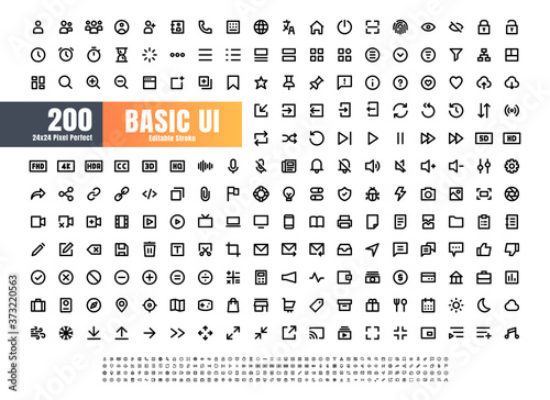 24x24 Pixel Perfect Basic User Interface Essential Set. 200 Line Outline Icons. For App, Web, Print. Editable Stroke