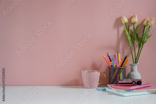 Wallpaper Mural Workspace with creative. supply, coffee and tulip flower on stylish table. Torontodigital.ca