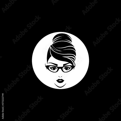 Women face with glasses icon isolated on dark background