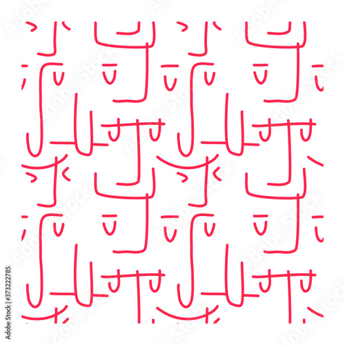 Abstract seamless pattern of red eyes  eyebrows  noses  lips and lines forming faces.  Image for a poster or cover. 
