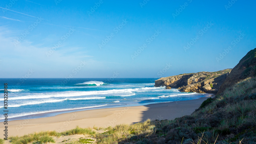 Epic surf at empty beach. Perfect wave in beautiful beach. Seascape, seaside landscape, sea atlantic ocean background