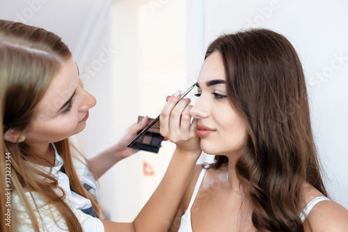 Makeup artist makes makeup for a girl indoors. Make-up artist makes makeup for a girl. Beautiful woman face. Make up in process.