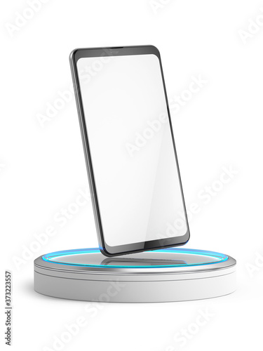 Mobile phone with a blank screen on podium isolated on white. Mockup template of modern smartphone. 3d rendering photo