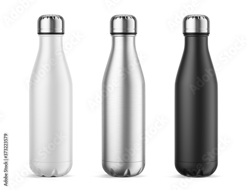 Empty Metal Reusable Water Sport Bottle Isolated on White Background. White, Silver and Black water bottles. Template Mockup. 3d rendering