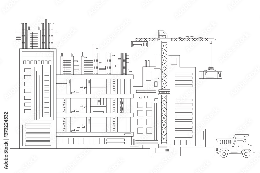 Line sketch construction design, outline of a factory, vector design