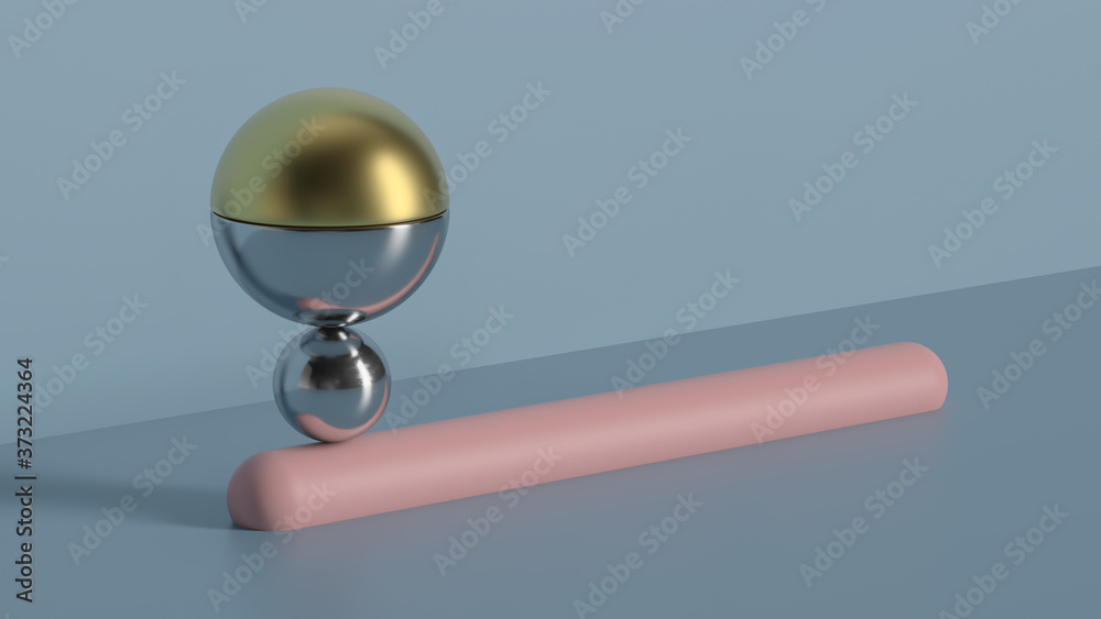 3d abstract render of metall balls balanced on the pink round tube with fillets. Minimal geometry composition. 3d abstract render of metall balls balanced on the pink round tube with fillets. Minimal geometry composition.