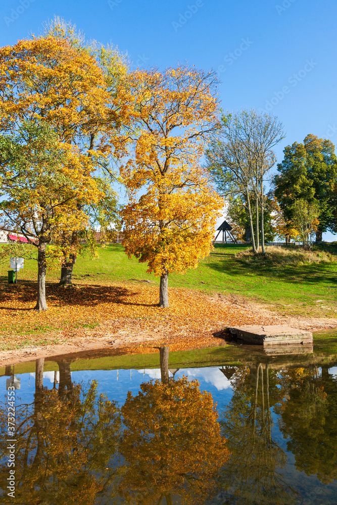 Beach by a lake with autumn colored trees