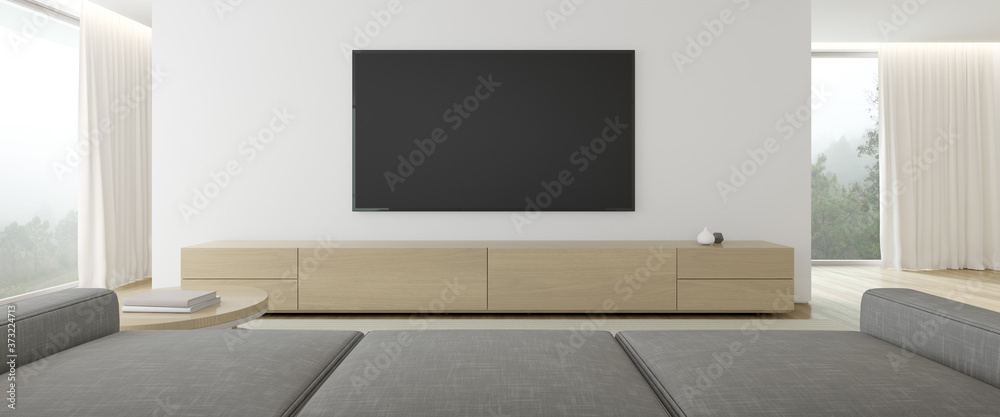 3D rendering of modern living room with TV screen and sofa on nature background. 3D rendering of modern living room with TV screen and sofa on nature background.