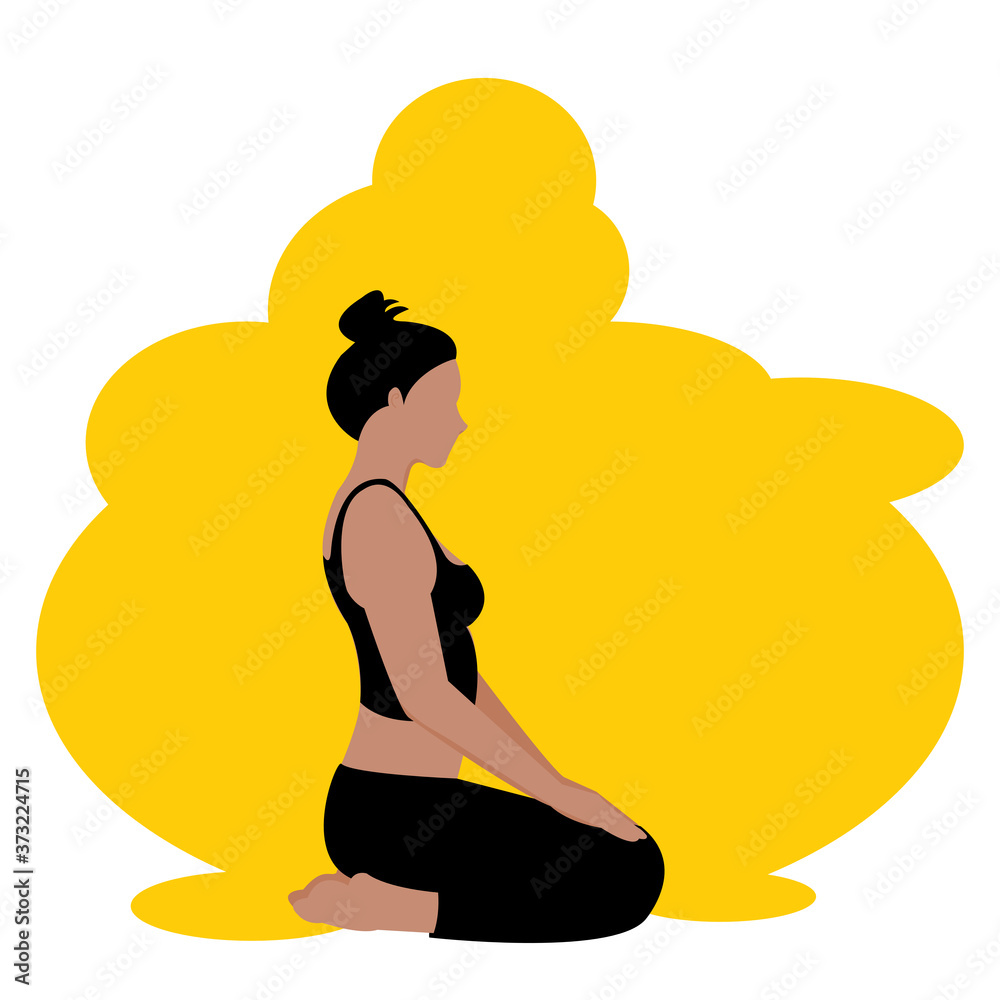 Young woman is Vajrasana yoga pose, Diamond pose . Lady with hair tie home  workout body positive. Cartoon Vector isolation on Yellow background. Idea  concept for healthy ,Fitness healthy lifestyle Stock Vector