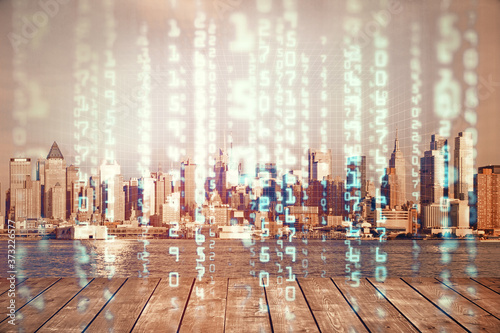 Wallpaper Mural Data theme hologram drawing on city view with skyscrapers background double exposure. Technology concept. Torontodigital.ca