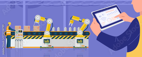 Industry 4.0 concept, Worker using tablet control industrial robotic arms  in factory. Vector