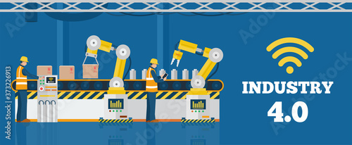 Industry 4.0 concept, Automated production line with workers. Vector