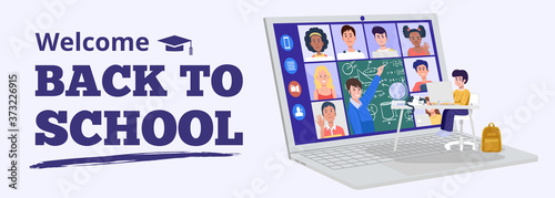 Back to school concept. A boy having video conference with teacher and classmates at home. Vector