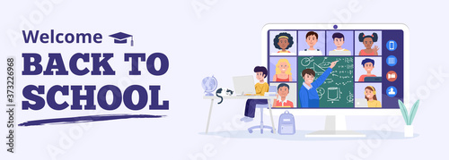 Backto school concept. A boy having video conference with teacher and classmates at home. Vector