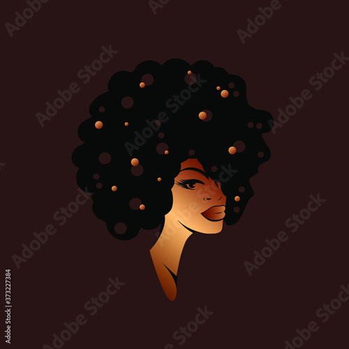 Afro-American woman with big, curly hair and elegant makeup.Hairstyle studio and beauty salon illustration.Cosmetics and spa logo.Young lady face.