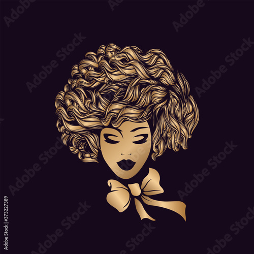 Afro-American woman with big, curly hair and elegant makeup.Hairstyle studio and beauty salon illustration.Cosmetics and spa logo.Young lady face.Golden ribbon bow.