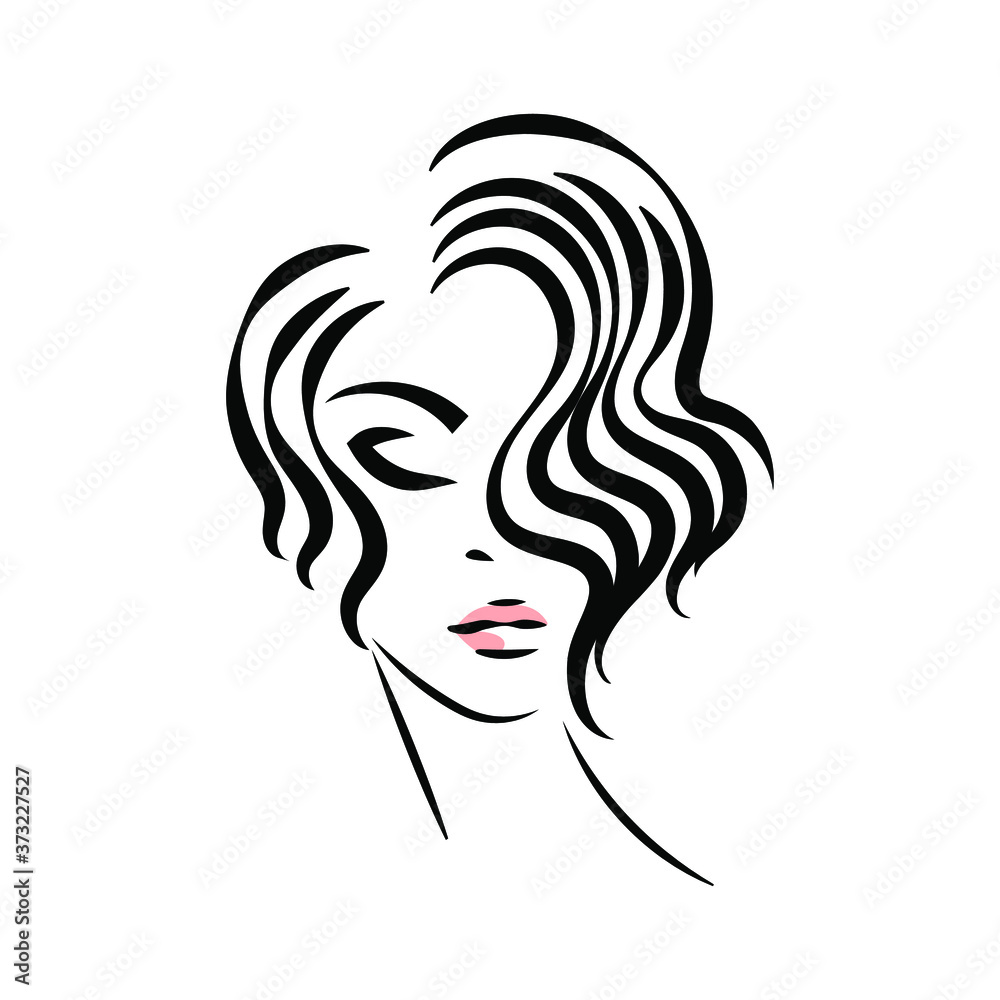 Woman with elegant hairstyle and makeup.Hair salon and beauty studio illustration.Cosmetics and spa logo isolated on white background.Young lady face.Front view.