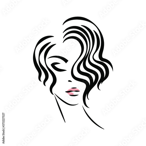 Woman with elegant hairstyle and makeup.Hair salon and beauty studio illustration.Cosmetics and spa logo isolated on white background.Young lady face.Front view.